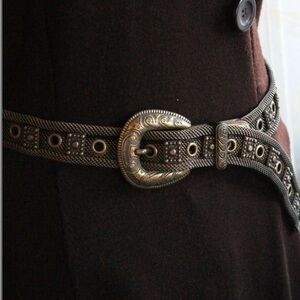 Sand Castle Brass Mesh and Gold Tone 41" Leather Belt - Made in Italy